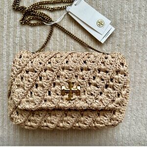 Tory Burch “Kira” mini crochet raffia shoulder bag. Perfect for summer events.